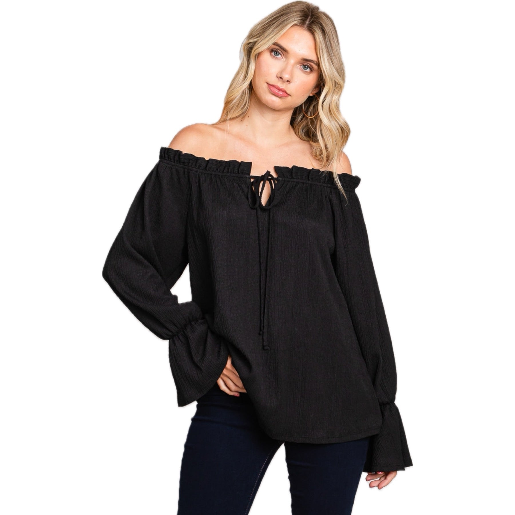 Reba Off Shoulder Long Sleeve Tunic Blouse in Black